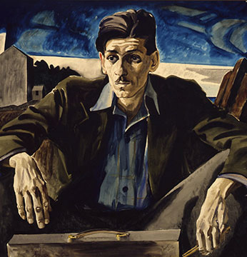 oil painting of a man hunched starring out with a dark-blue sky
