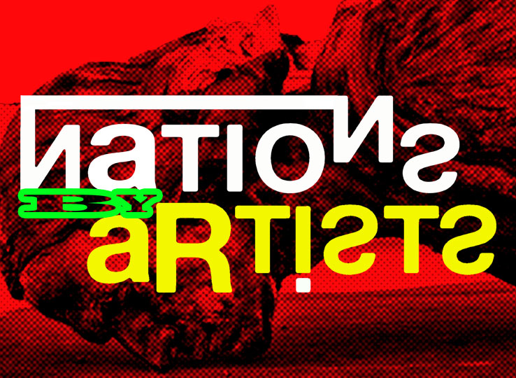 Nations by Artists text overlaid on a red image of a fallen head of a Columbus statue